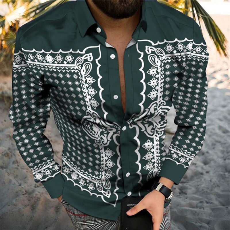 Lapel 1*Shirt Band Collar Button Down Men's Dark Green Baroque Printed Long Sleeve Muscle Fitness Button Down Shirt