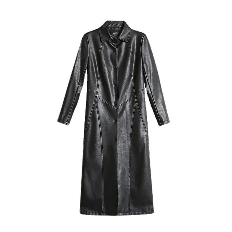 Elegante jaqueta de couro de comprimento médio feminina, casacos casuais, quebra-vento, roupas femininas, 7XL, moda, outono, inverno, 2023