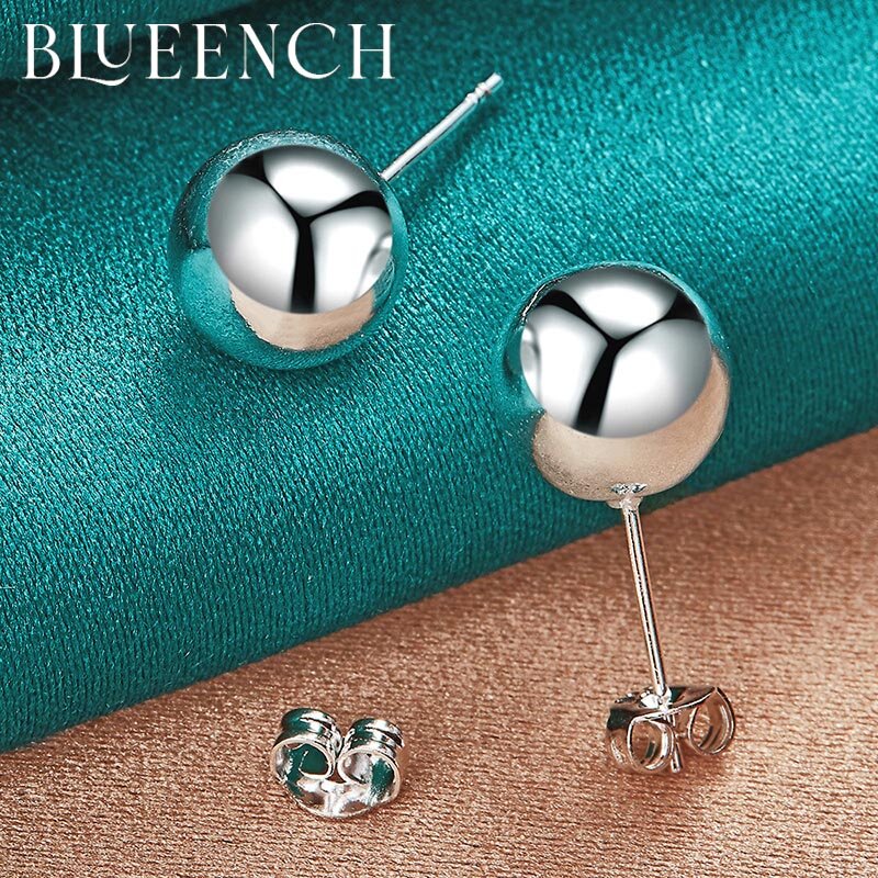 Blueench 925 Sterling Silver 8mm Round Ball Stud Earrings Suitable For Women'S Wedding Party Fashion Temperament Jewelry