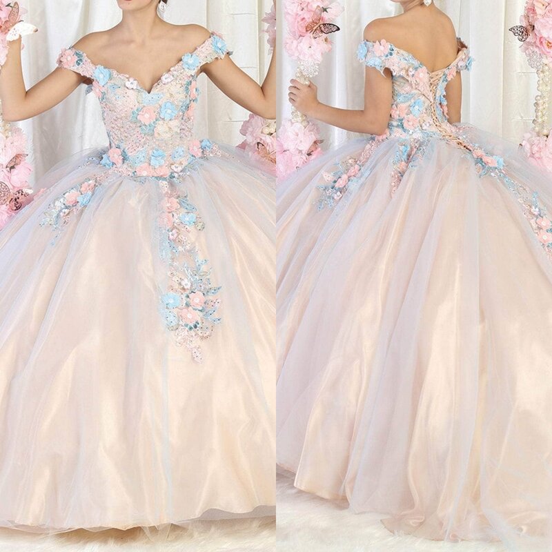 Pastel Blossoms Quinceanera Ballgown strass Quinceanera Dress 2023 Off spalla Vestidos De Baile Appliques floreali Cocktail