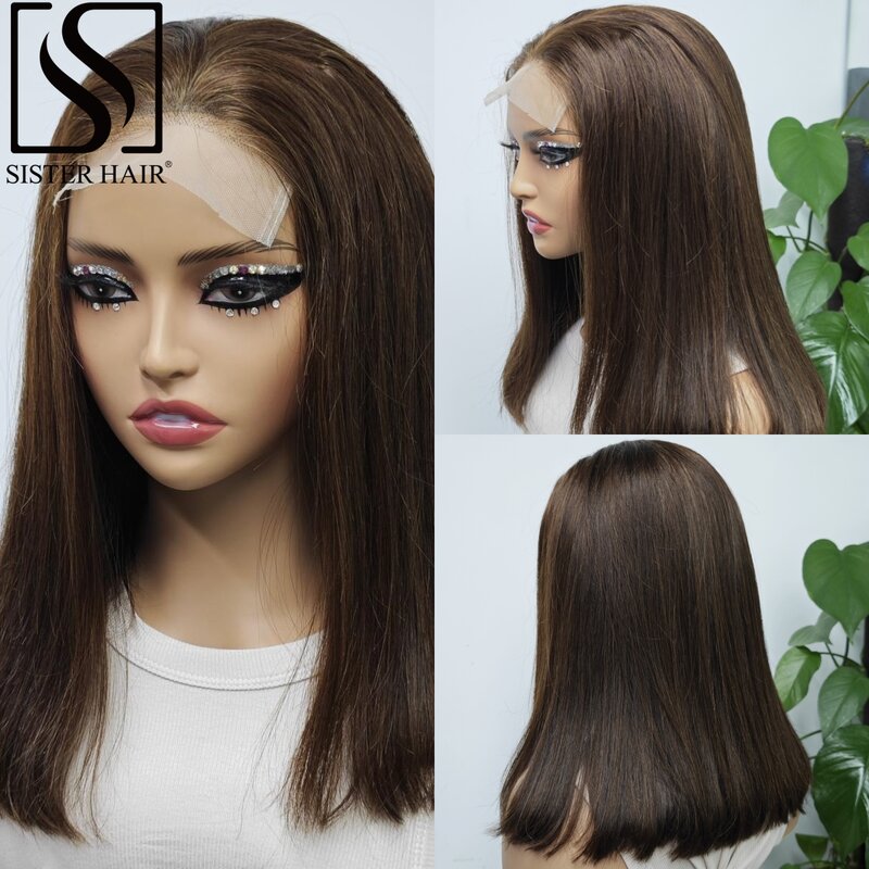 200% Density Chocolate Brown Short Straight Human Hair Bob Wig Virgin Hair Transparent Lace Closure Wigs Brazilian Remy Hair Wig