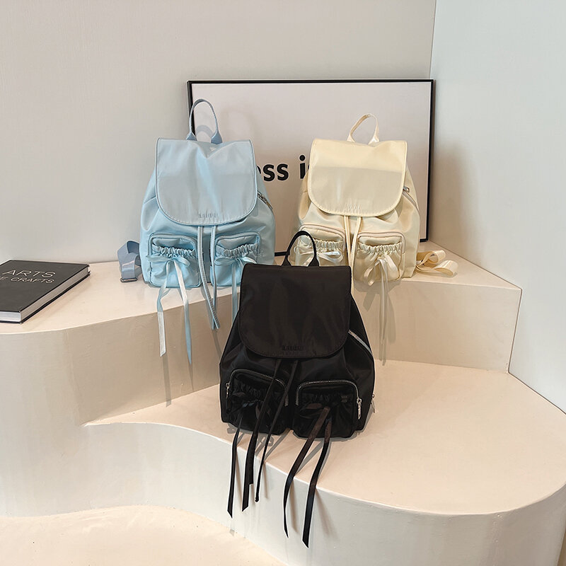 Женские маленькие нейлоновые рюкзаки с бантом, модель 2024 года, весенний модный однотонный рюкзак в Корейском стиле Y2K, женские дорожные простые рюкзаки