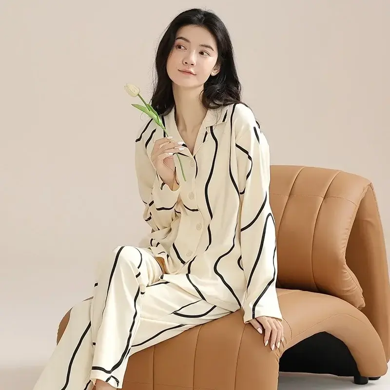 Striped Spring and Fall Pajamas Premium Feel Cotton Women Long-sleeved Wearable Large Size Pajama Set Homewear Sleepwear New