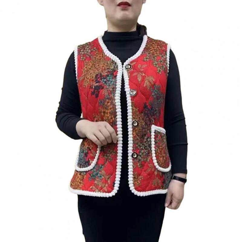 Women Lightweight Coat Mid-aged Mother's Flower Print Waistcoat with Plush Lining V-neck Single-breasted Cardigan for Fall