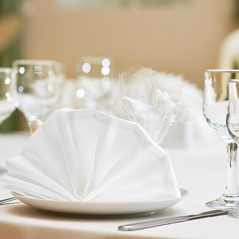 منديل بوليستر أبيض ، منشفة شاي قابلة لإعادة الاستخدام ، حفل زفاف ، ديكور طاولة طعام لعيد الميلاد ، 50 × 50 ، بيع بالجملة ، 24