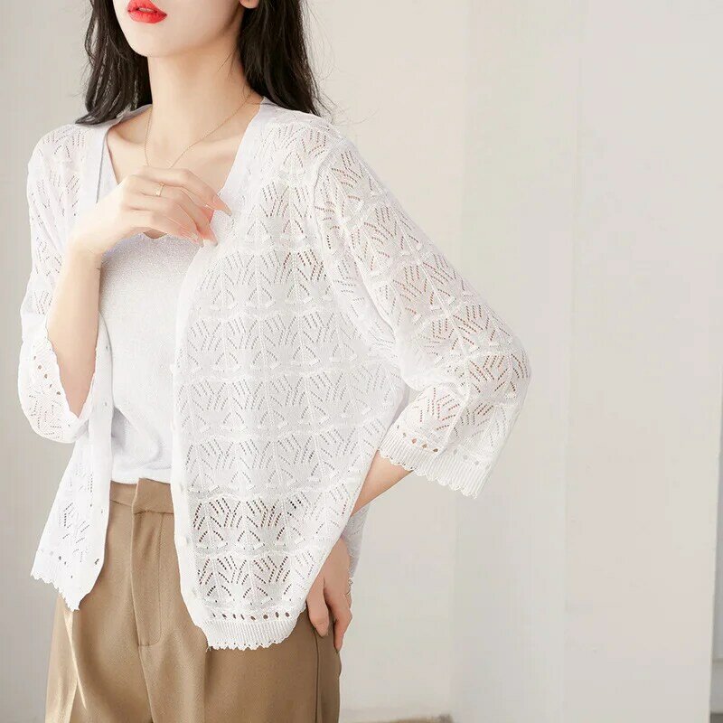 Western Style Thin Hollow Crochet Loose Knitted Women'S Plus Size Ice Silk Sun Protection Pullover For Spring And Summer 2024