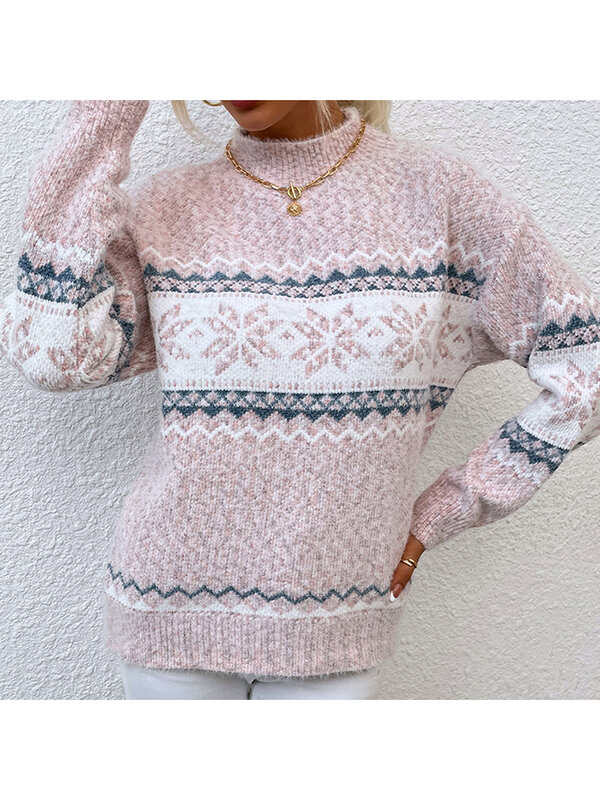 Hipepigie Sweater hangat natal wanita, baju Pullover setengah tinggi leher musim dingin, Sweater rajut kepingan salju lengan panjang motif