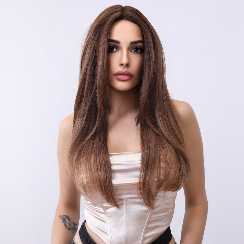 Smilco Brown Kanekalon Synthetic Lace Front Long Straight Wigs For Women Invisible Lace Front Preplucked Wig Heat Resistant Hair