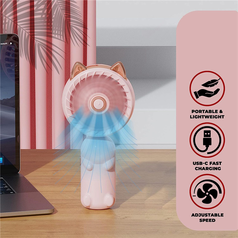 Ventilateur à main portable avec oreilles de chat, mini ventilateur avec batterie aste USB, petit ventilateur pliable, rose