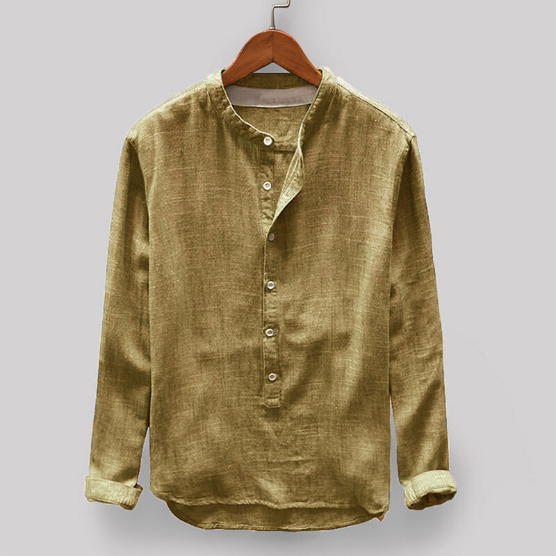 Camiseta de botão com gola alta de cor sólida masculina, gola lapela, manga longa, tops vintage, moda casual