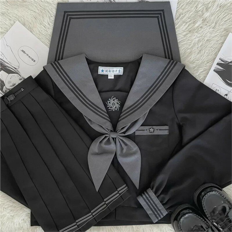 Meisje Jk School Uniform Pak Bad Meisjes Outfits Grey Tie Black Drie Lijnen Basic Jk Matroos Uniform Vrouwen Plus Size Cosplay Kostuum