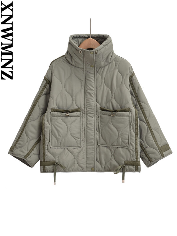 XNWMNZ Женская мода 2023 осень/зима стеганая мягкая куртка женская Винтажная с воротником-стойкой карманом на молнии Повседневная женская верхняя одежда
