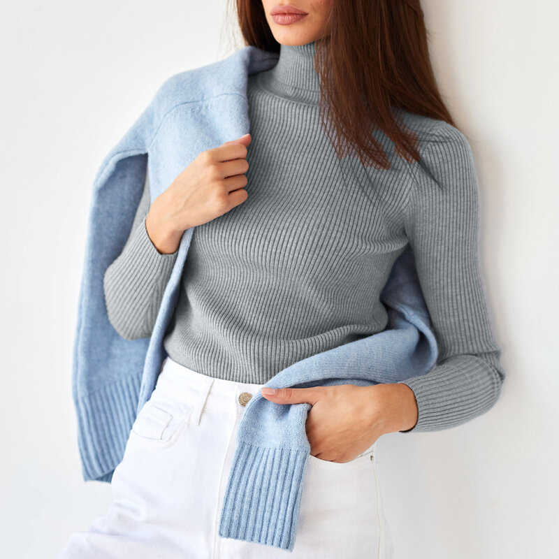 Women's Turtleneck Sweaters Solid Color Long Sleeve Pullover Basic Tops Knitwear for Fall Winter Warm Streetwear