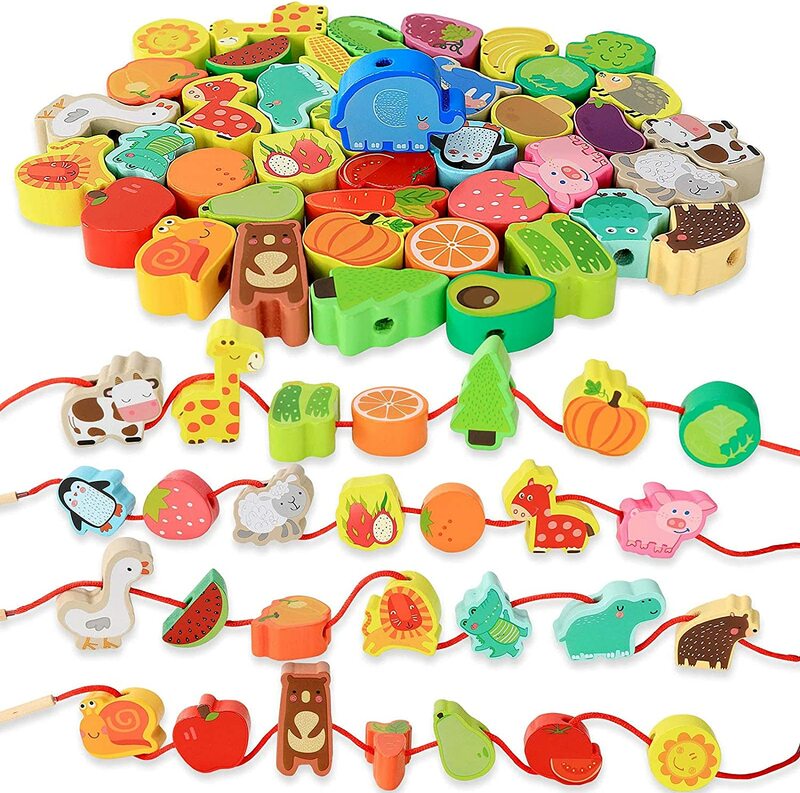 아기용 나무 장난감, DIY 장난감, 만화 과일 동물 끈 스레딩 나무 구슬 장난감, 몬터소리 교육용