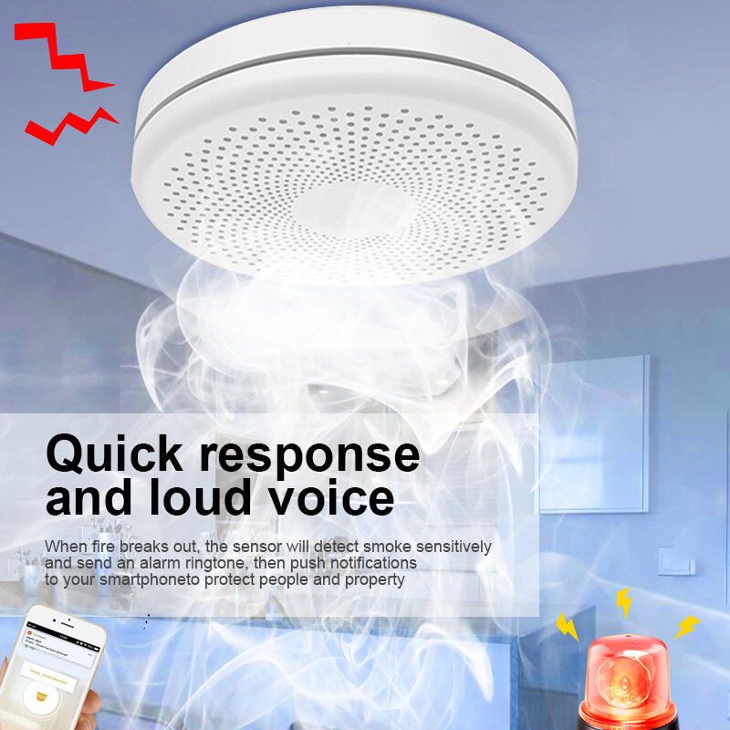 Tuya เครื่องตรวจจับควัน Wi-Fi ในบ้านเครื่องเตือนควันไฟคอมโพสิตเซ็นเซอร์ความปลอดภัยในบ้านระบบดับเพลิง