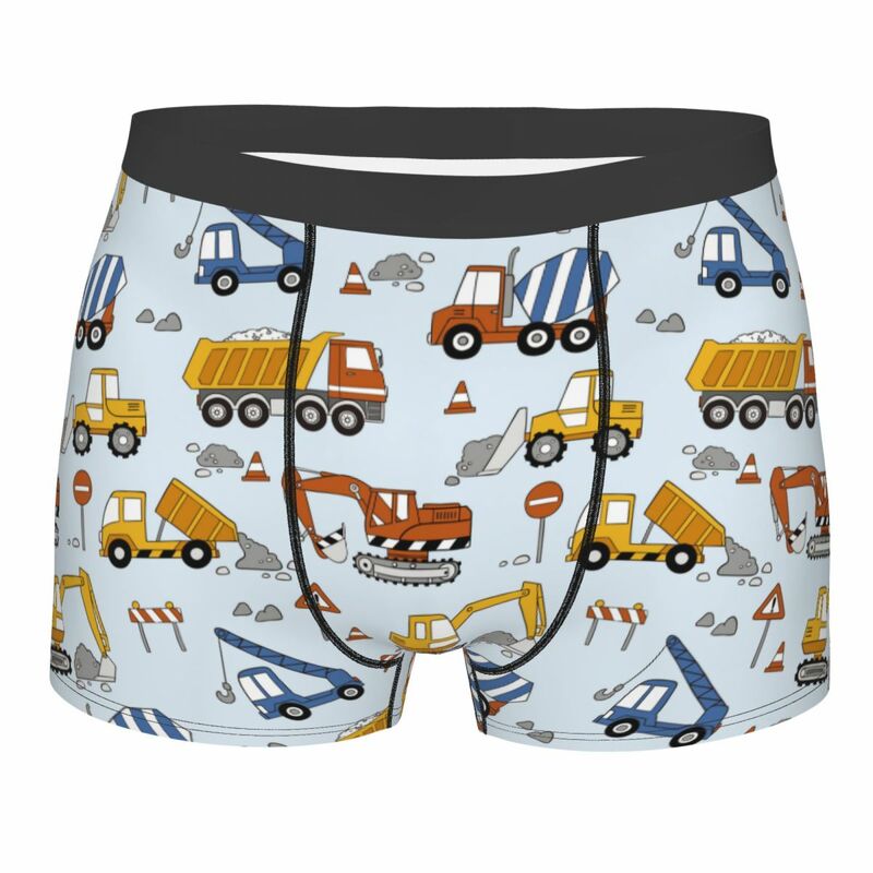 Men's Construction Trucks Bulldozers Pattern Boxer Shorts Panties Mid Waist Underwear Excavators Cartoon Male Funny Underpants