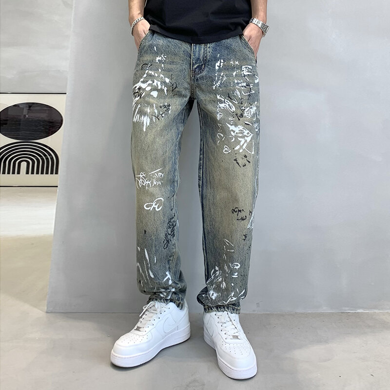 Trendy High Street Tapered Washed Vintage Men'S Fashionable And Personalized Graffiti Print Loose Denim Wide Leg Pants