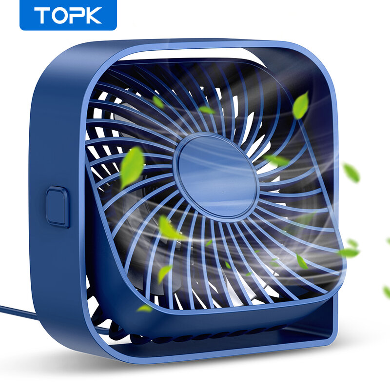 Topk-Mini portátil USB Desk Fan, mesa Fan, fluxo de ar forte, operação silenciosa, 3 velocidade do vento, 360 ° Rotatable, permanente fãs para quarto e casa