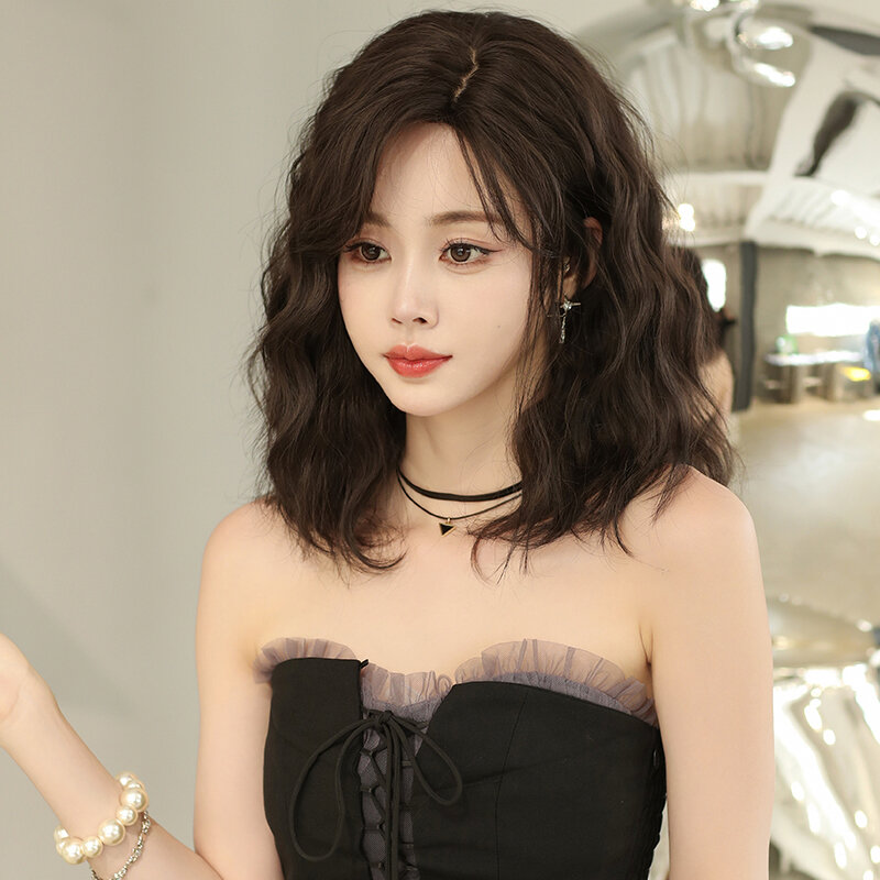 7JHH WIGS High Density Synthetic Middle Part Dark Brown Wig for Women Daily Short Wavy Bob Wigs with Curtain Bangs Glueless Wig