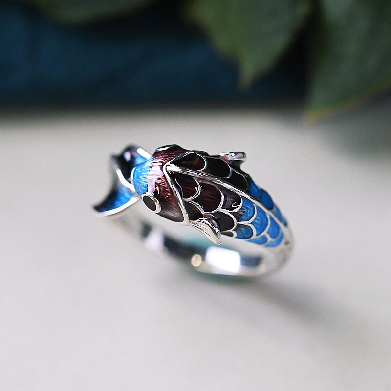 Silver Enamel Color Koi Fish Adjustable Ring Chinese Classical Niche Design Elegant Charm Ladies Brand Jewelry Party Gift