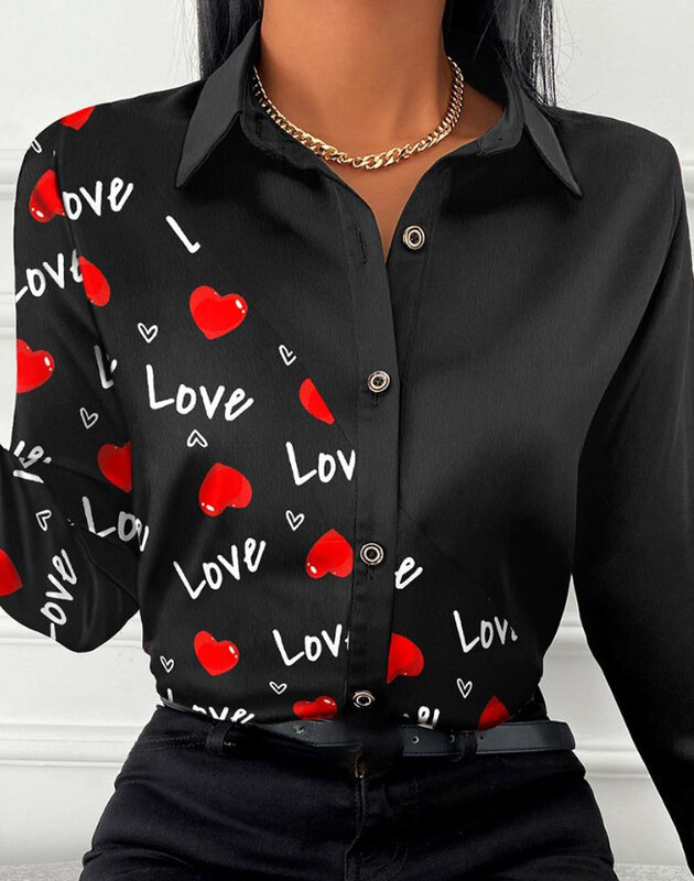 قميص كاجوال على شكل قلب ، ياقة مقلوبة ، أكمام طويلة ، توب مطبوع بأزرار ، قميص بصدر ، عيد الحب ، أوائل الربيع ،