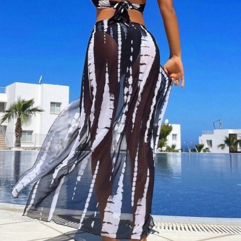 Fashion Printed Bikini Three-piece Swimsuit for Women with Lace-up Skirt Cover-up Gathered Without Steel Support Beachwear