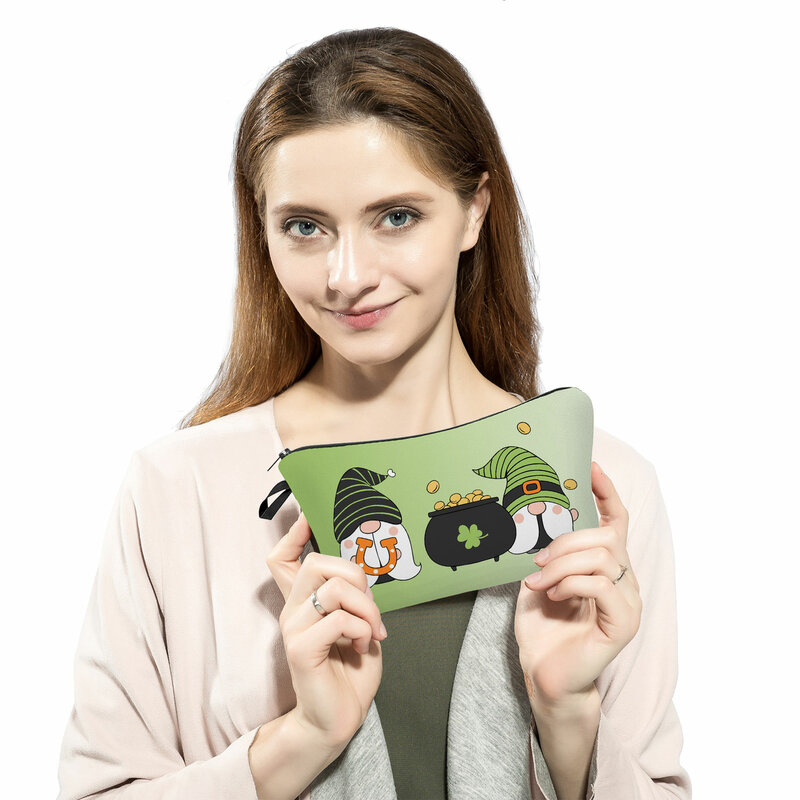 Tas kosmetik motif GNOME lucu tas Makeup Travel pantai tas pesta bahagia portabel warna-warni hari St. Patrick wanita tas telepon genggam