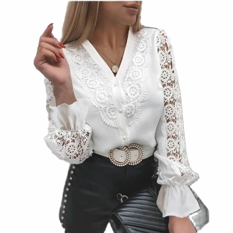 Frauen hemd sexy weiße Spitze Patchwork aushöhlen Bluse Langarm O-Ausschnitt Mesh Tops Frühling Herbst elegante Knopf hemden