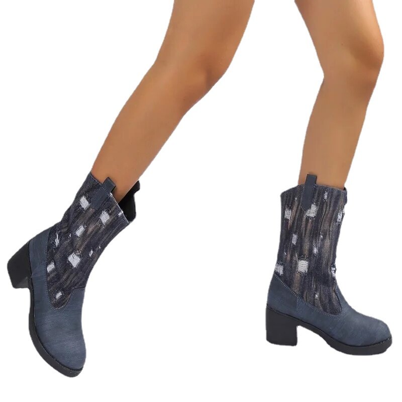 Damenschuhe Marke Slip-On Damen stiefel Mode Nähen moderne Stiefel Frauen neue runde Zehen quadratische Ferse Mid-Calf Schuhe Damen