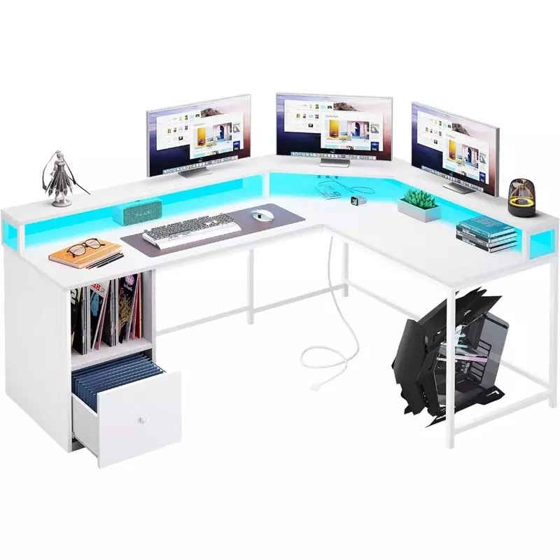 Mesa en forma de L con luces LED y tomas de corriente, con cajones de archivo y 3 estantes de almacenamiento, escritorio de computadora de esquina de 67 ", escritorio en forma de L