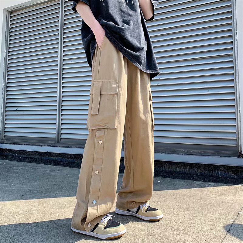 原宿スタイルストレートカジュアル2022新しい男性の綿カーゴパンツ男性固体ビッグポケットワイド脚のデザインズボン
