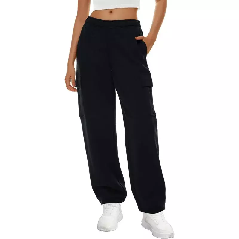 Calça de moletom solta feminina, cor sólida, elástico, cintura alta, calça de treino de ginástica, calça casual com bolsos, YDL35