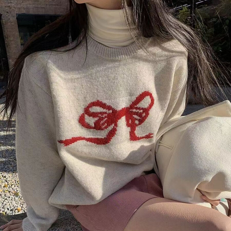 Soft waxy sweet age-reducing bow Japanese round neck sweater women's autumn and winter loose lazy wind hooded thick sweater top