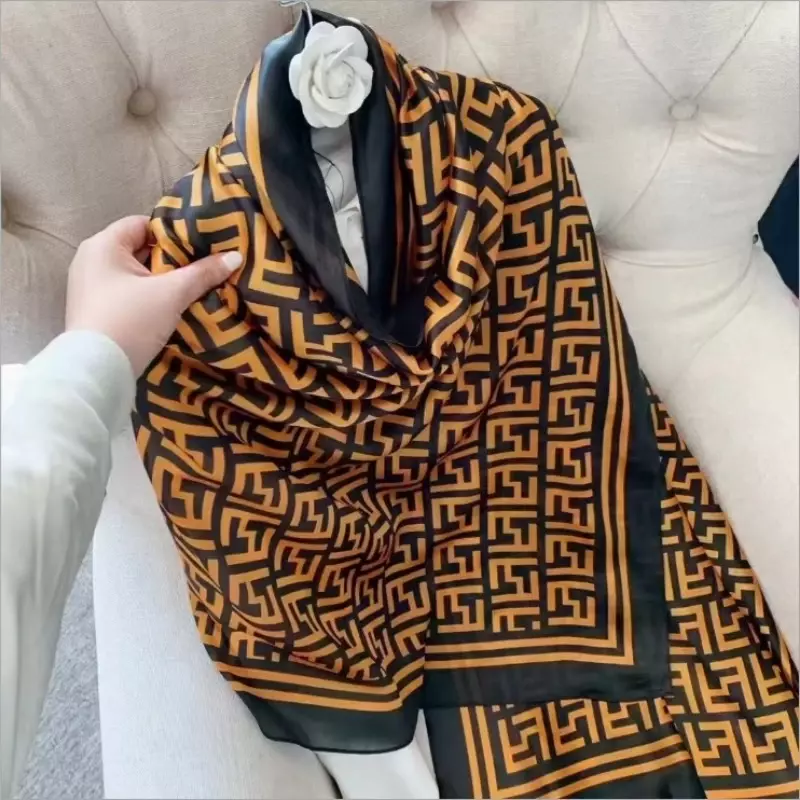 Luksusowa marka F litera damska hidżab żółta czarna z nadrukiem elegancki szalik moda chustka z datą na głowę walentynki prezenty