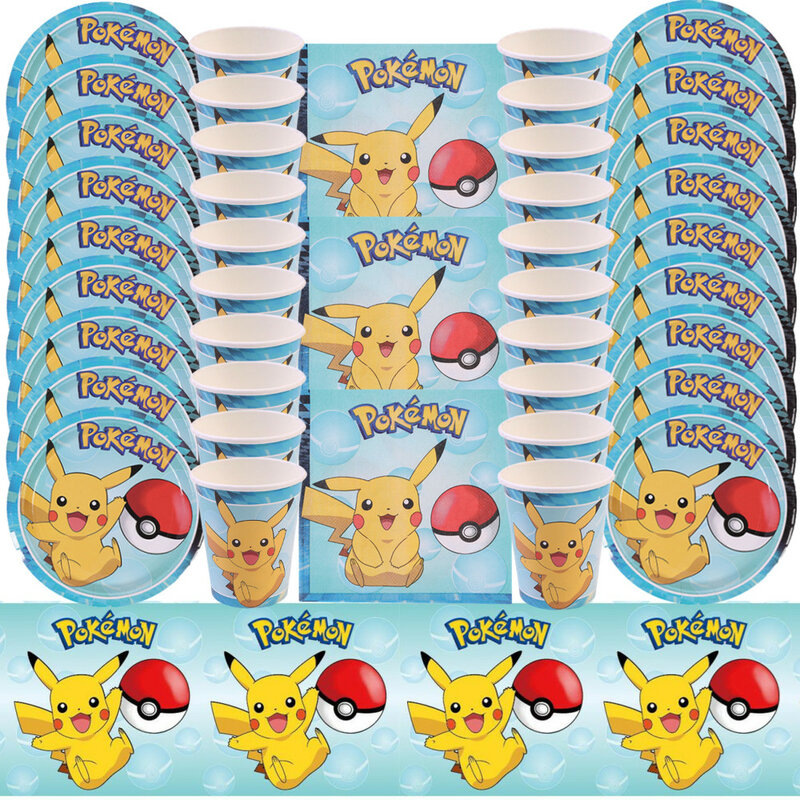 Descartável Pokemon Cartoon Tableware Set para Crianças, Pikachu Toalha De Mesa, Copa, Prato, Guardanapos, Birthday Party Decorações