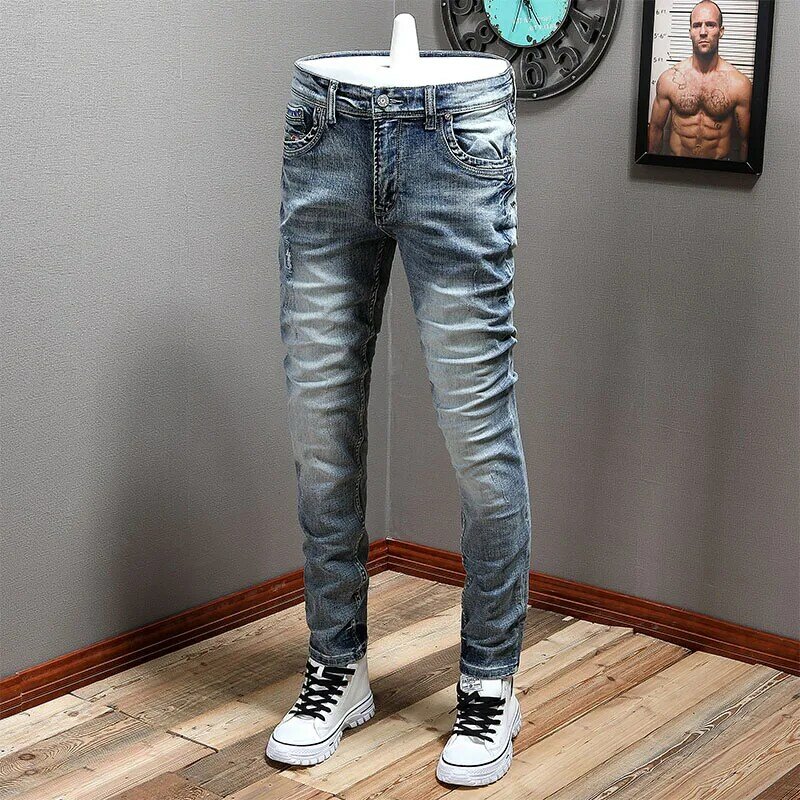Newly Fashion Designer Men Jeans Retro Blue Elastic Stretch Slim Fit Printed Ripped Jeans Men Vintage Casual Denim Pants Hombre