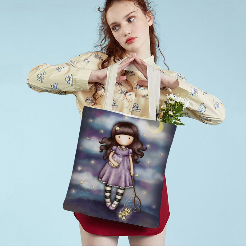 Both Sided Fashion Cartoon Little Girl Women Shopping Shoulder Bag Reusable Canvas Children Cute Tote Travel Handbag for Lady