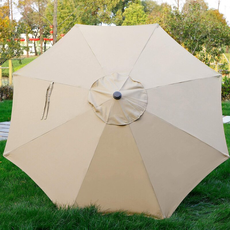 야외 파티오 테이블 우산, 마당 우산, 시장 우산, 8 개의 튼튼한 갈비뼈, 푸시 단추 틸트 및 크랭크, 황갈색, 9 인치