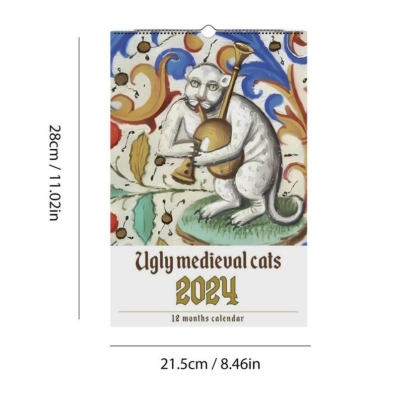 Calendário gato medieval para casa e faculdade, Wall Art Calendário, Calendários criativos, Mensal Pet Pictures, 2024
