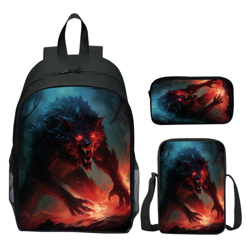 Angry Wolf Print Backpack Set para Crianças, Bolsa de escola para Menino, Bookbag Padrão Aranha, Alta Qualidade, Mochilas Laptop, Adolescentes, 3Pcs