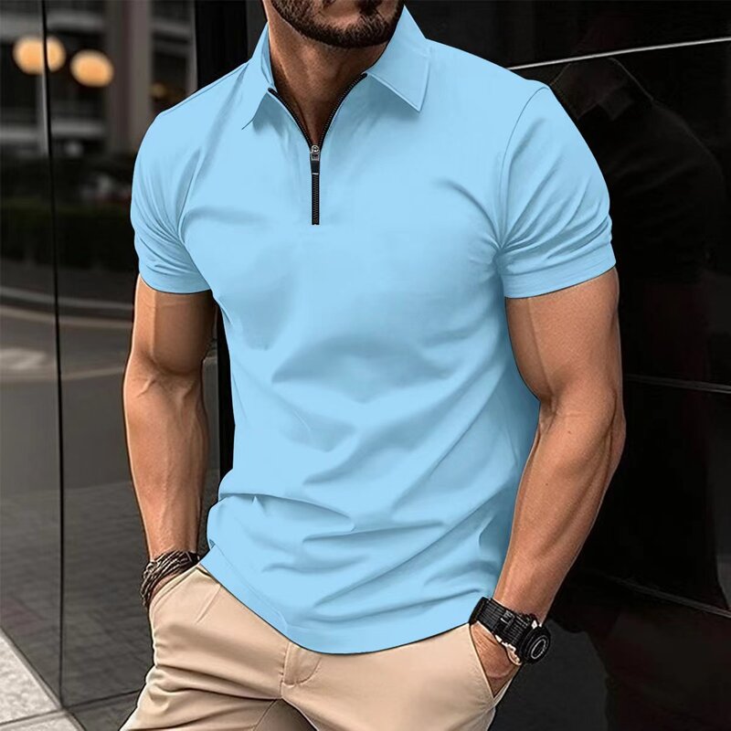 Высококачественная Мужская Летняя деловая Повседневная Свободная рубашка-поло на молнии с коротким рукавом