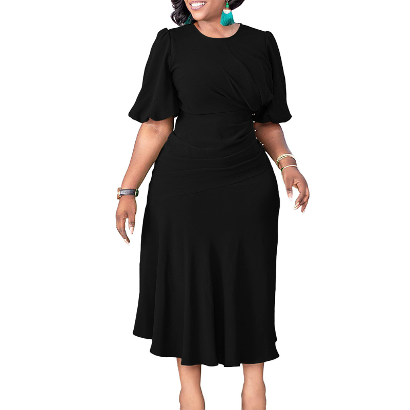 Платье женское в африканском стиле, офисное Плиссированное элегантное однотонное платье в африканском стиле с круглым вырезом и рукавами-фонариками, длинное платье с завышенной талией