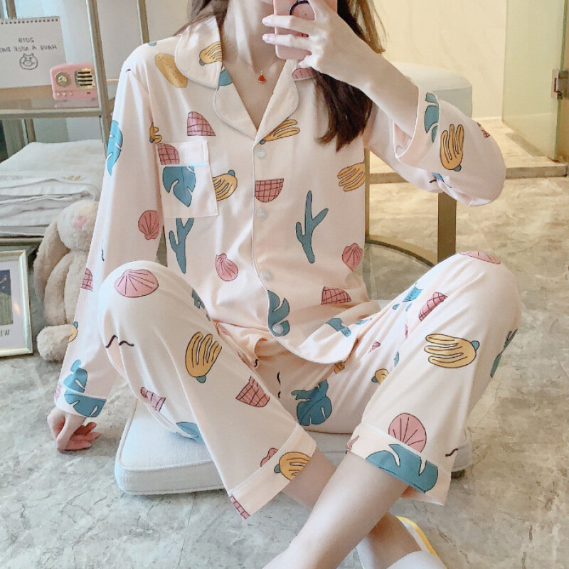 Conjunto de Pijama de algodón con estampado Floral para mujer, ropa de dormir suave, camisa de manga larga con solapa, pantalones, traje