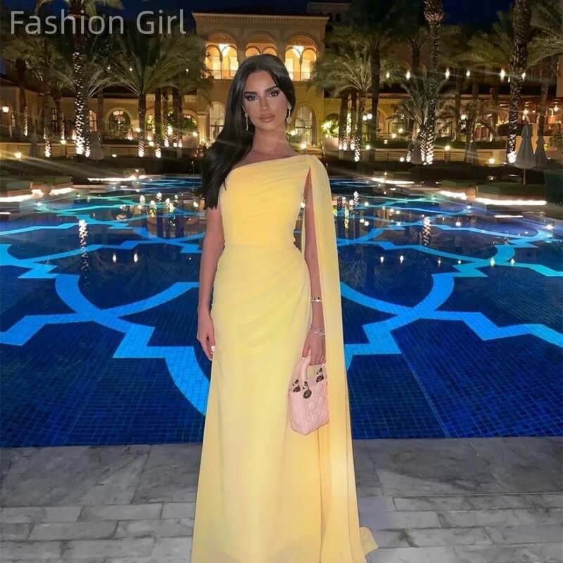 2023 Custom Elegant Long One Shoulder Chiffon Evening Dresses With Cape Sheath Yellow Pleated Zipper Back Prom Gowns for Women