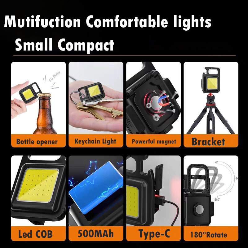 Mini linterna LED con llavero, linterna COB portátil multifuncional para acampar, luces de trabajo de carga USB, linterna de pesca