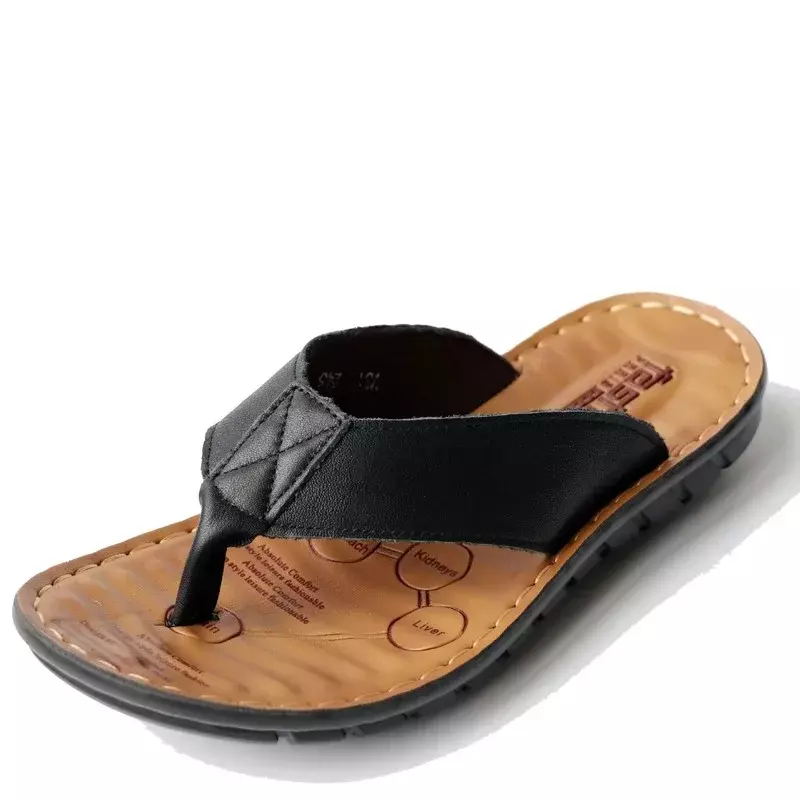 Chinelos de couro masculinos, sapatos de praia ao ar livre, chinelos casuais rasos, sandálias de dedo do pé antiderrapantes, tamanho grande, tendência