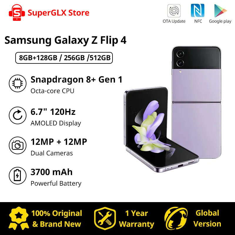 Nowy Samsung Galaxy Z Flip 4 5G Smartphone 8GB RAM 256GB ROM Snapdragon 8 + Gen 1 6.7 ''120Hz AMOLED składany wyświetlacz Flip4 telefon