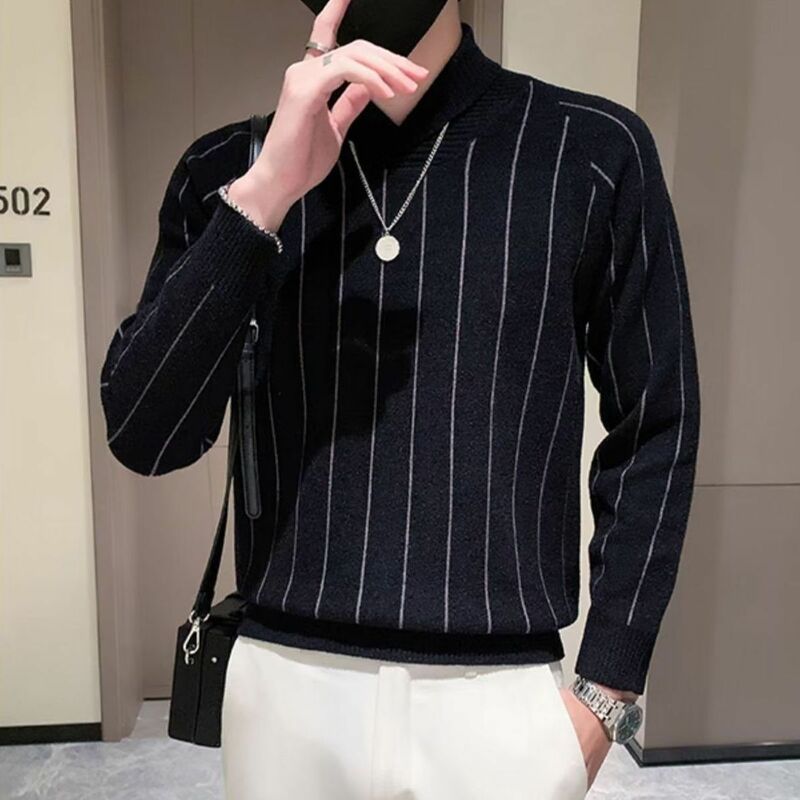Fashion Half High Collar Striped Warm Knited Sweaters Jumpers Men Clothing 2022 Winter New Korean Casusl Wool Pullovers Top