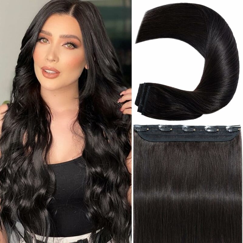 Straight Clip In One Piece Hair Extension 5 Clips Natural #1B 16-26 Inch 3/4 Full Head Thick Soft Silky For Salon High Quality