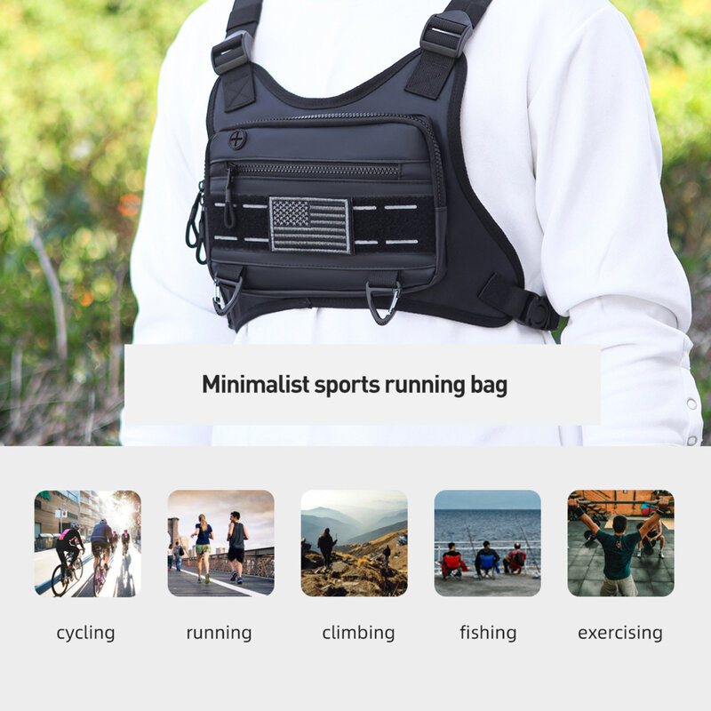 Bolsa de peito esportivo com suporte de telefone embutido, bolsa de colete frontal impermeável, colete Rig Pouch, exercícios ao ar livre, ciclismo e caminhadas